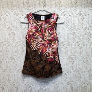 Lands' End Tankini Top Womens 2 Brown Pink Tropical Palm Print High Neck Swim